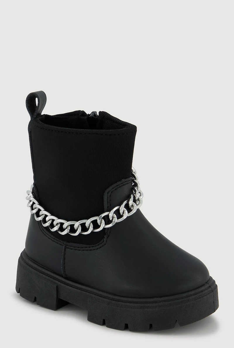 Toddler Girls Faux Leather Metallic Chain Ankle Boots,