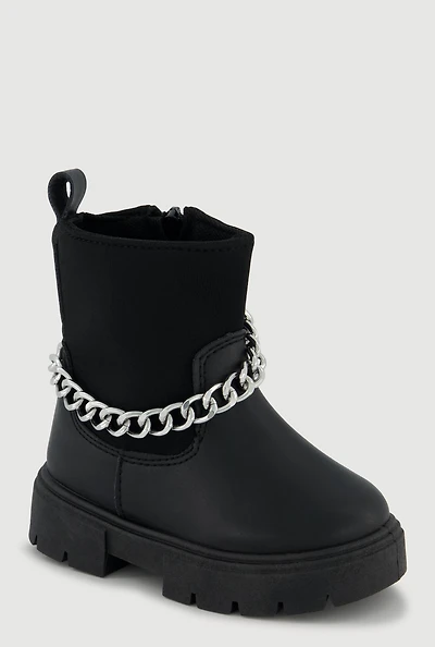 Toddler Girls Faux Leather Metallic Chain Ankle Boots,
