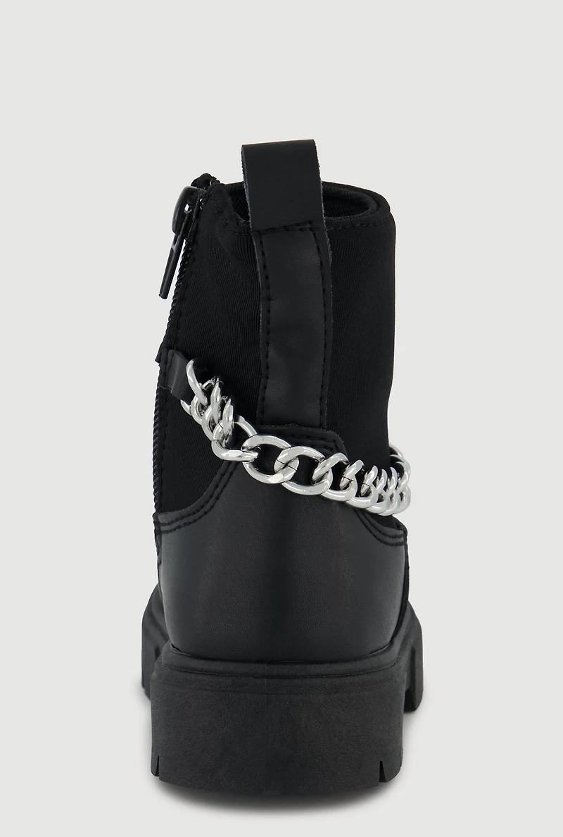 Womens Toddler Girls Faux Leather Metallic Chain Ankle Boots, Black,