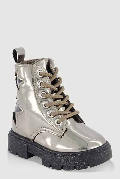 Toddler Girls Faux Leather Star Detail Glitter Combat Boots