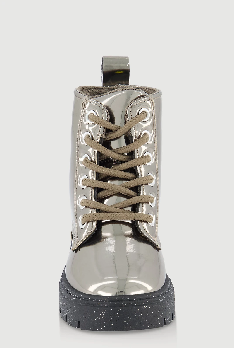 Womens Toddler Girls Faux Leather Star Detail Glitter Combat Boots, Silver, Size 6