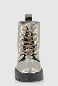 Womens Toddler Girls Faux Leather Star Detail Glitter Combat Boots, Silver, Size 6