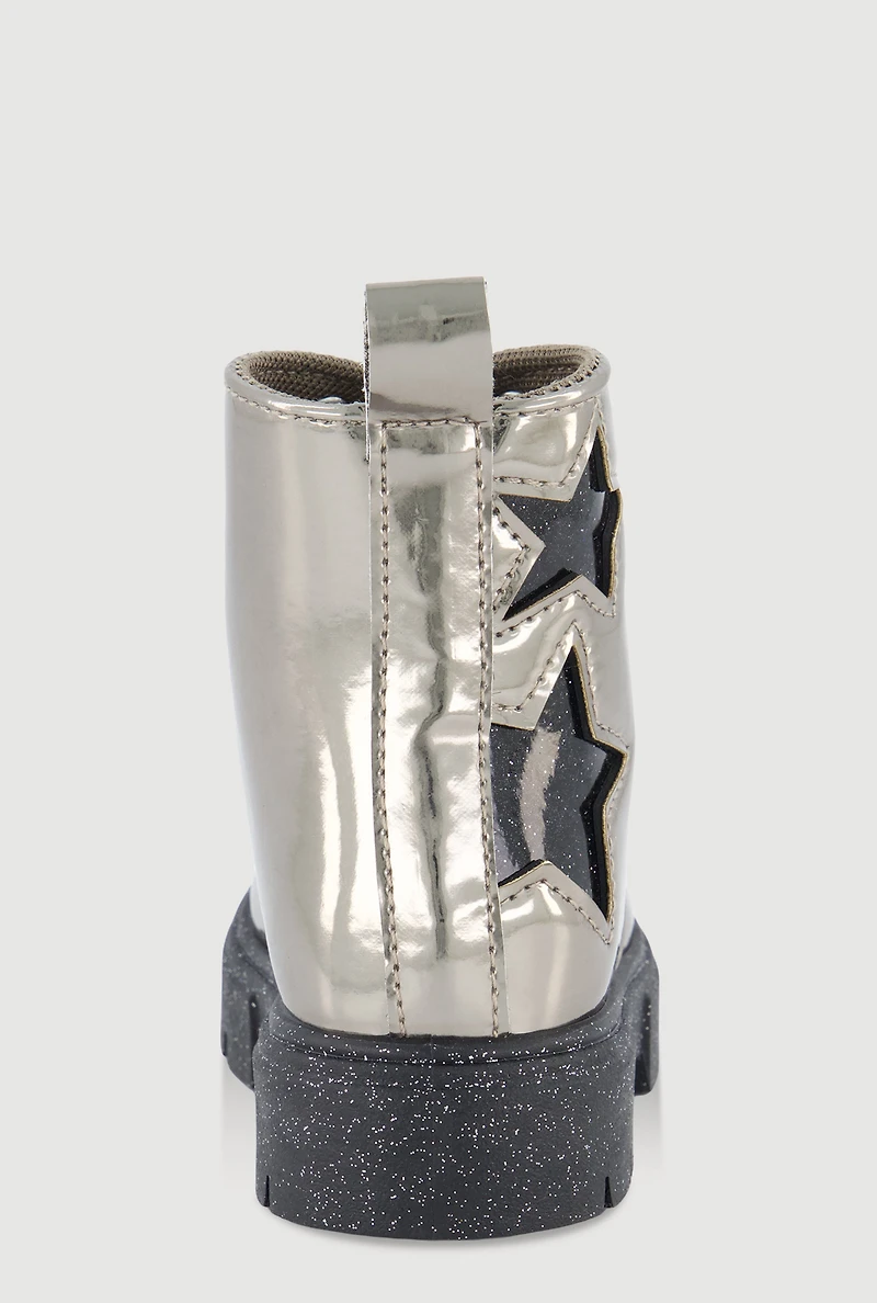Womens Toddler Girls Faux Leather Star Detail Glitter Combat Boots, Silver, Size 6