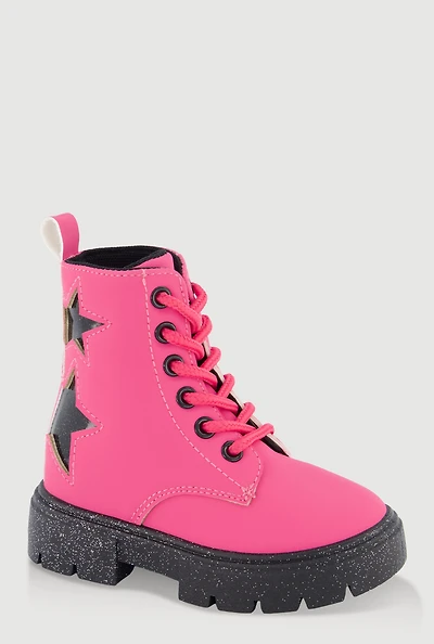 Womens Toddler Girls Faux Leather Star Detail Glitter Combat Boots,