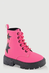 Womens Toddler Girls Faux Leather Star Detail Glitter Combat Boots,