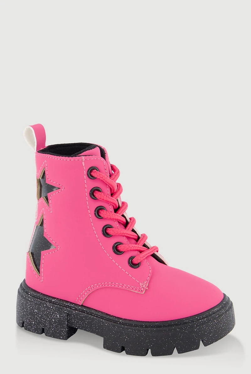 Womens Toddler Girls Faux Leather Star Detail Glitter Combat Boots, Pink,