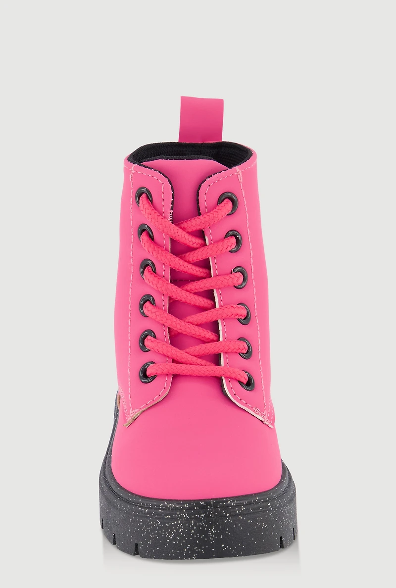 Womens Toddler Girls Faux Leather Star Detail Glitter Combat Boots, Pink,