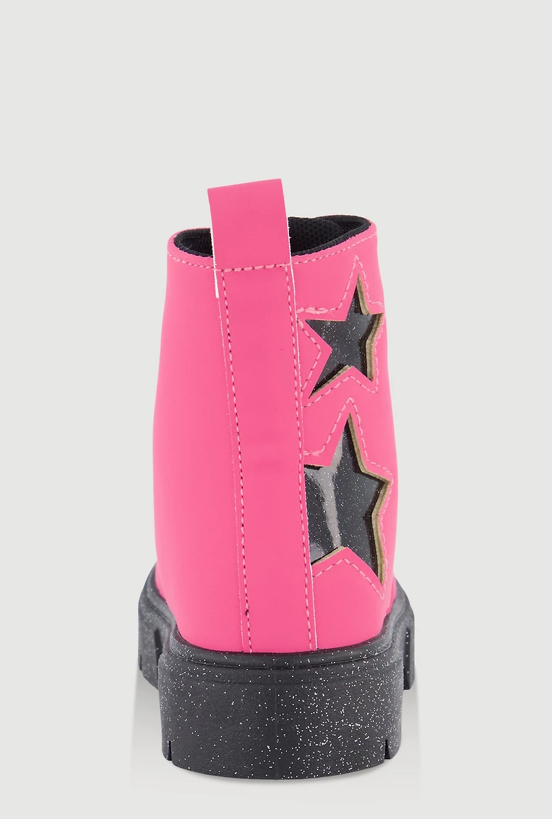 Womens Toddler Girls Faux Leather Star Detail Glitter Combat Boots,
