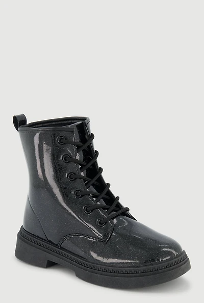 Womens Girls Faux Patent Leather Lace Up Combat Boots, Black,