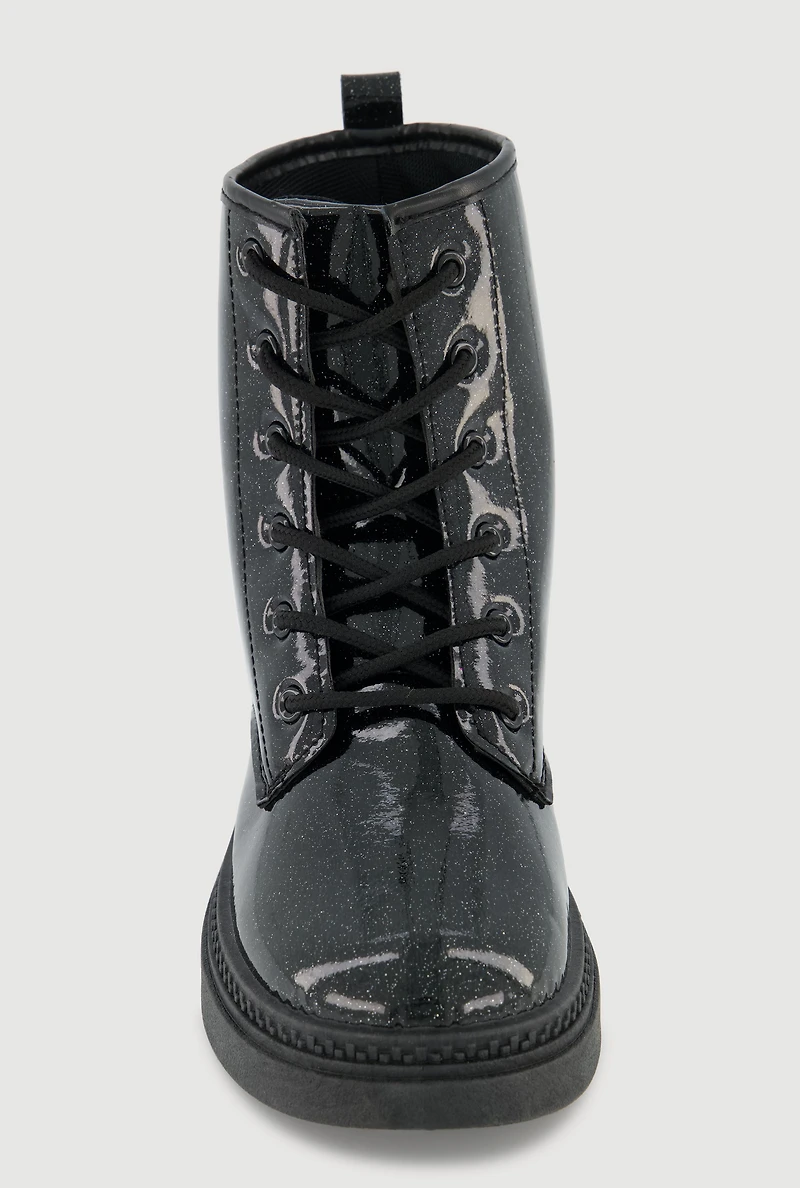 Womens Girls Faux Patent Leather Lace Up Combat Boots, Black,