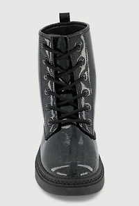 Womens Girls Faux Patent Leather Lace Up Combat Boots, Black,