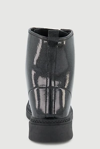 Womens Girls Faux Patent Leather Lace Up Combat Boots, Black,