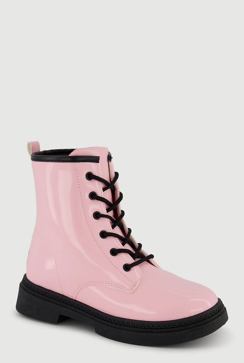 Womens Girls Faux Patent Leather Lace Up Combat Boots, Pink,