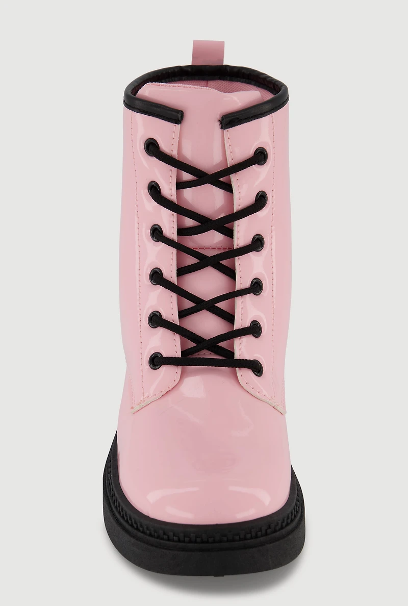 Womens Girls Faux Patent Leather Lace Up Combat Boots, Pink, Size 12