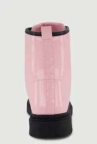 Womens Girls Faux Patent Leather Lace Up Combat Boots, Pink,