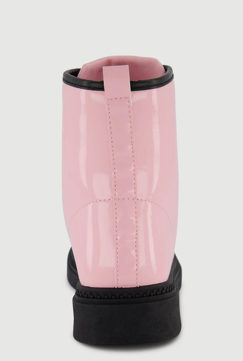 Womens Girls Faux Patent Leather Lace Up Combat Boots, Pink, Size 12