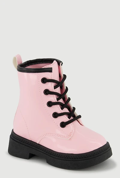 Womens Toddler Girls Faux Leather Slip On Combat Boots, Pink,