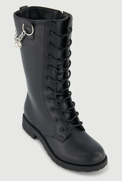 Girls Metallic Chain Detail Side Zip Faux Leather Combat Boots, Black,