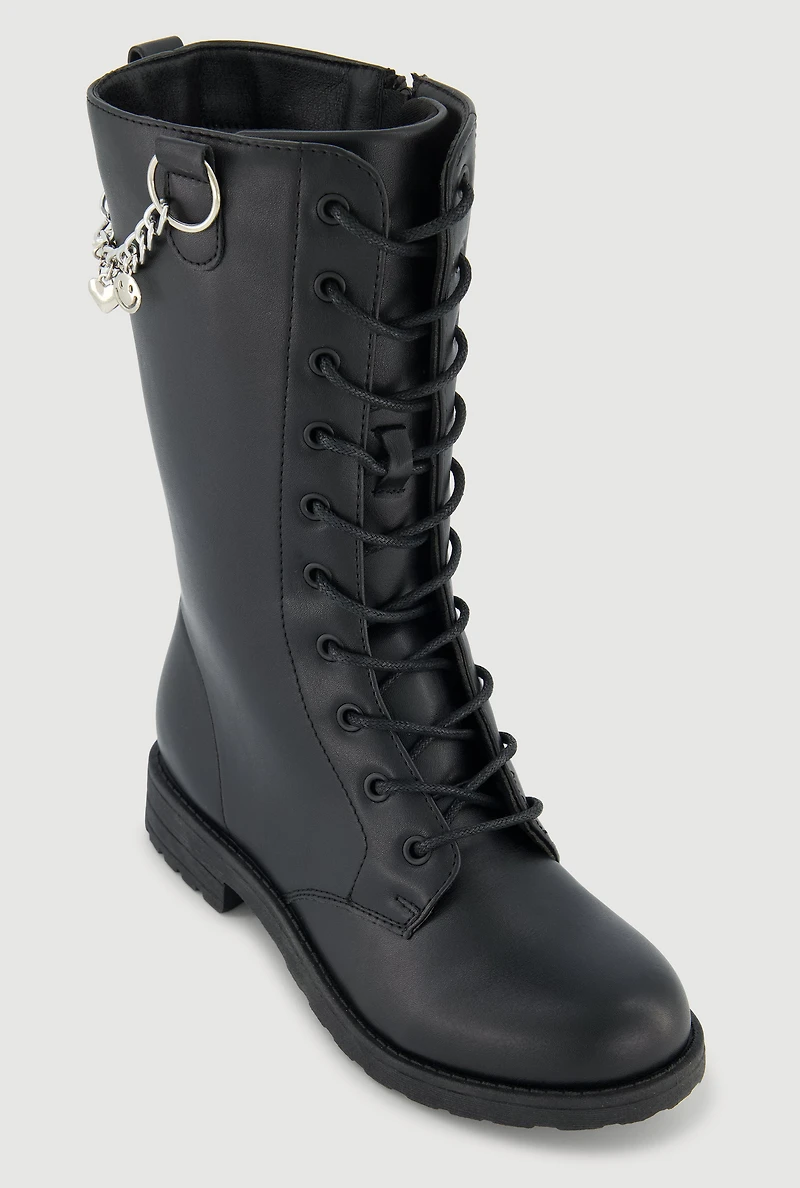 Womens Girls Metallic Chain Detail Side Zip Faux Leather Combat Boots, Black, Size 2