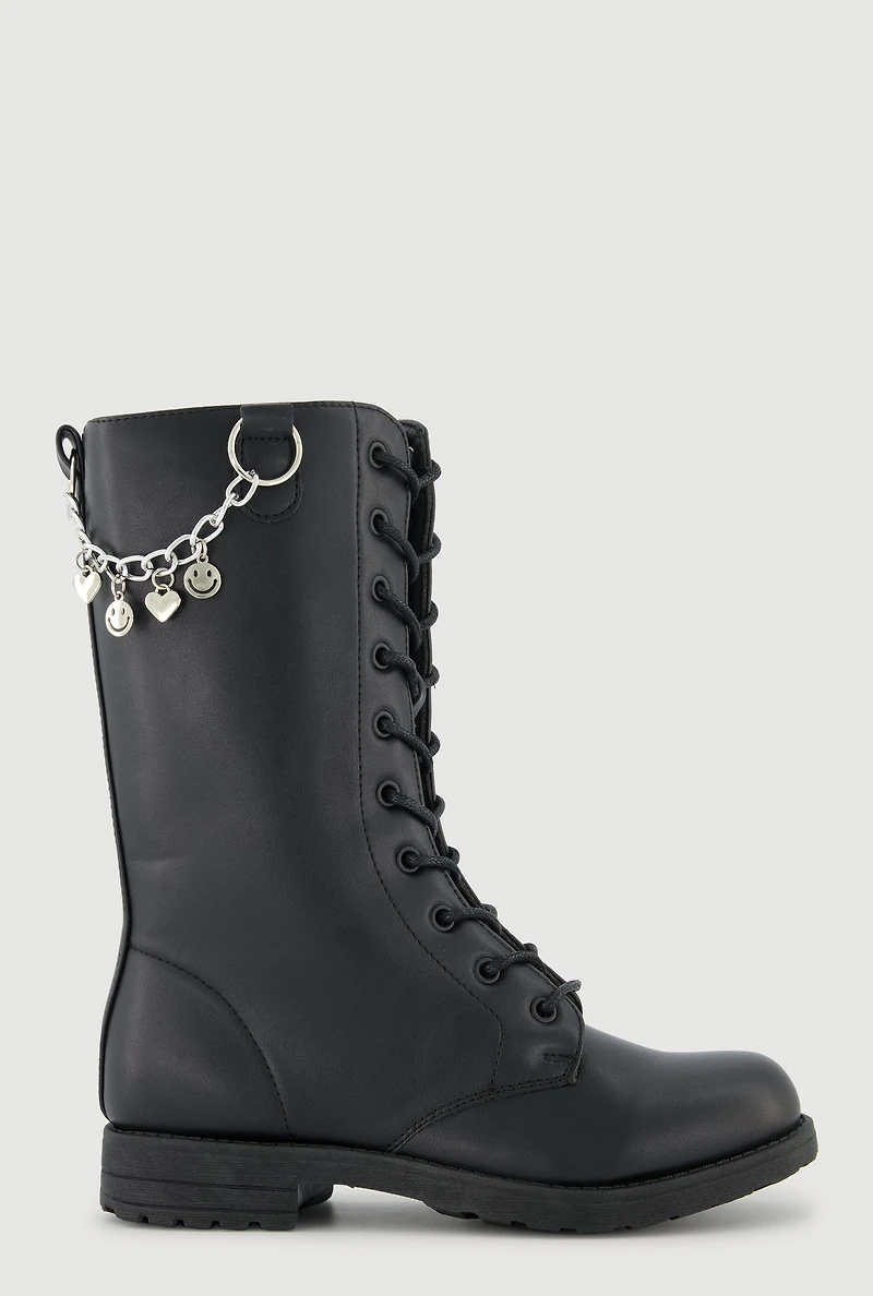 Girls Metallic Chain Detail Side Zip Faux Leather Combat Boots, Black,