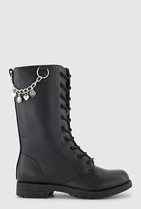 Girls Metallic Chain Detail Side Zip Faux Leather Combat Boots, Black,