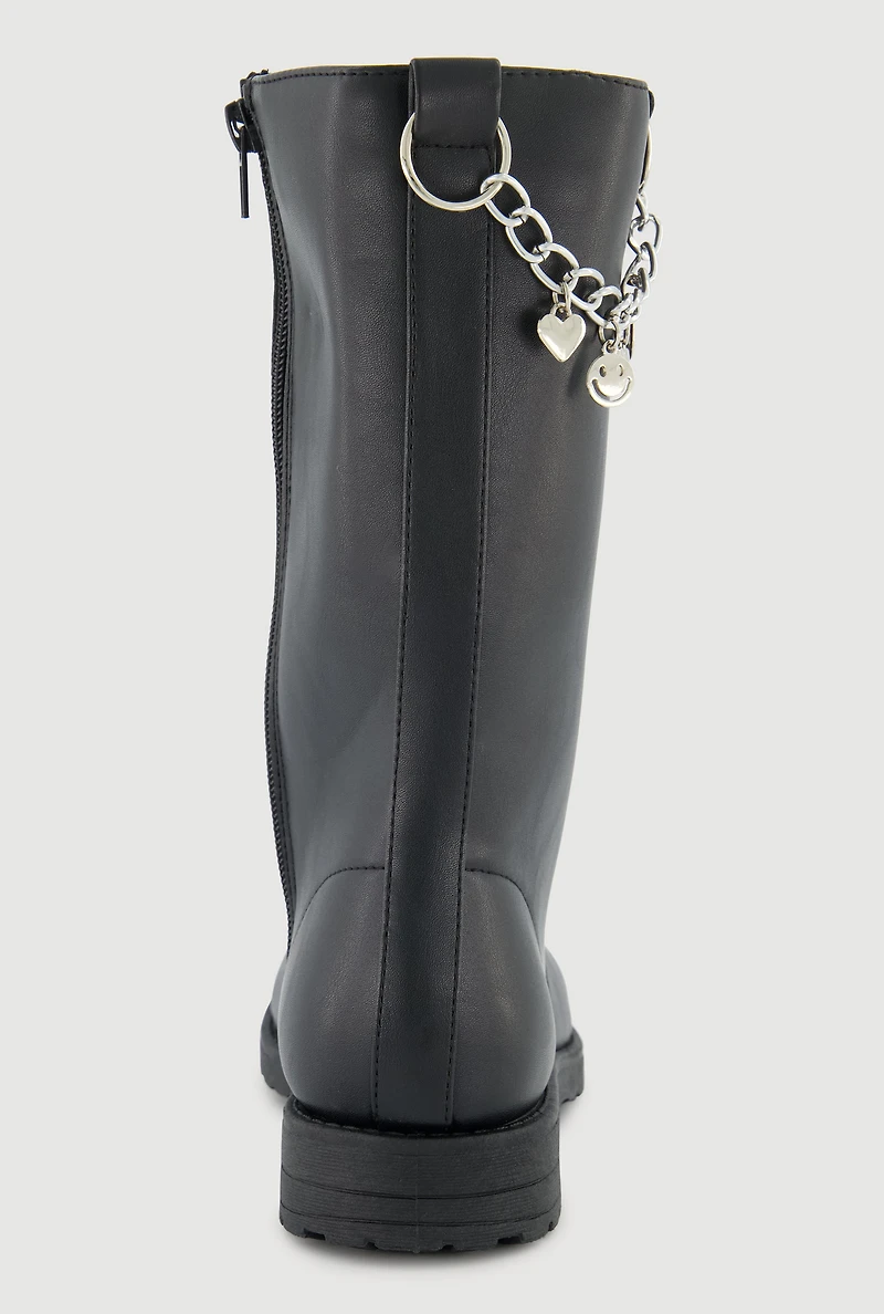 Womens Girls Metallic Chain Detail Side Zip Faux Leather Combat Boots, Black, Size 2