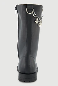Womens Girls Metallic Chain Detail Side Zip Faux Leather Combat Boots, Black,