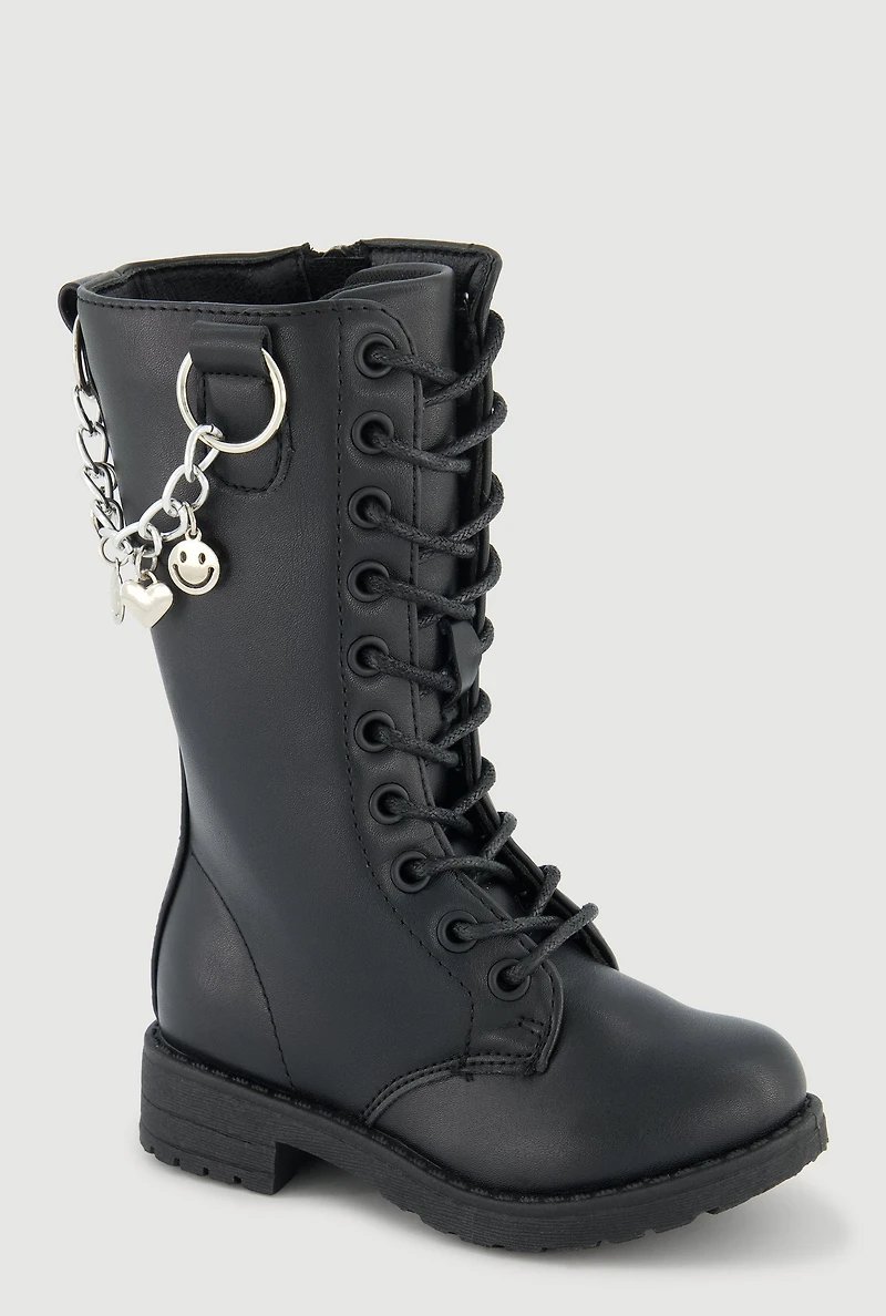Womens Toddler Girls Metallic Chain Detail Faux Leather Combat Boots, Black, Size 8