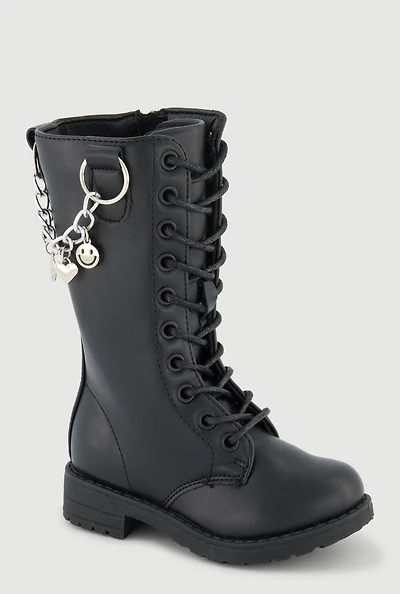 Womens Toddler Girls Metallic Chain Detail Faux Leather Combat Boots, Black, Size 8