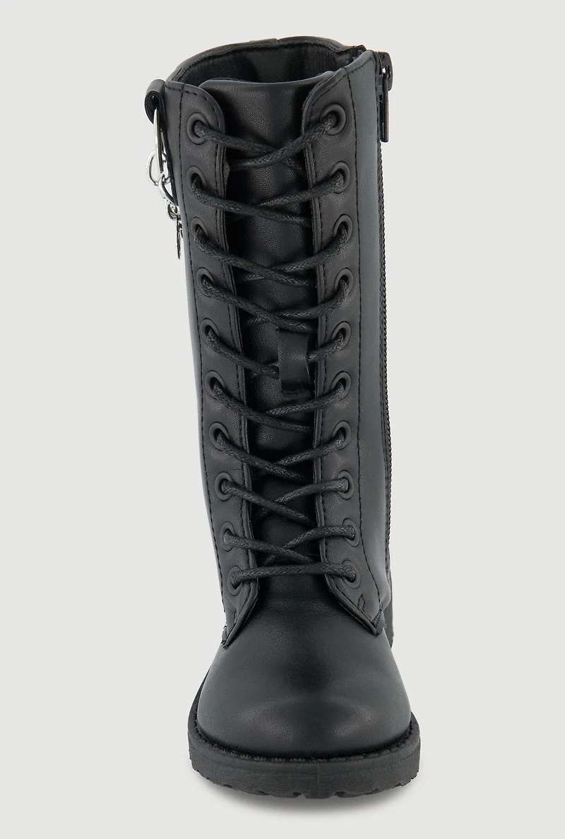 Womens Toddler Girls Metallic Chain Detail Faux Leather Combat Boots, Black, Size 8