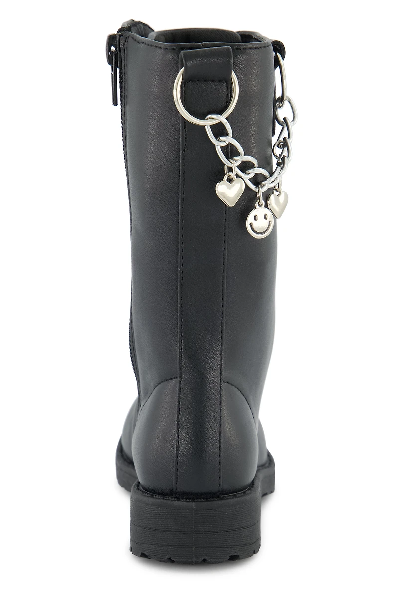 Womens Toddler Girls Metallic Chain Detail Faux Leather Combat Boots, Black, Size 10