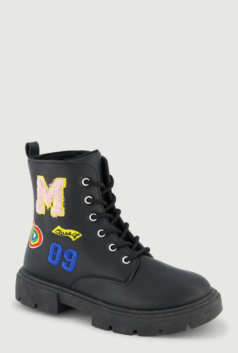 Girls Chenille M Patch Graphic Combat Boots, Black,
