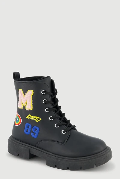 Girls Chenille M Patch Graphic Combat Boots, Black,