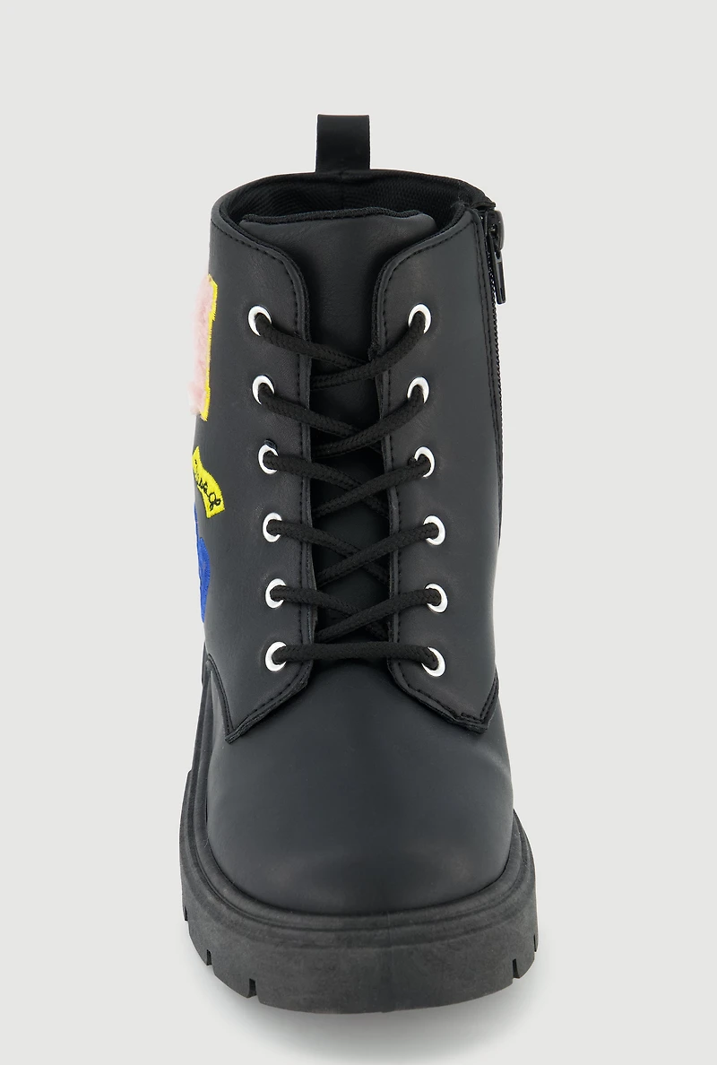 Womens Girls Chenille M Patch Graphic Combat Boots, Black, Size 2