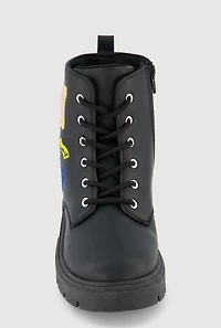 Womens Girls Chenille M Patch Graphic Combat Boots, Black, Size 2