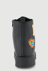 Girls Chenille M Patch Graphic Combat Boots