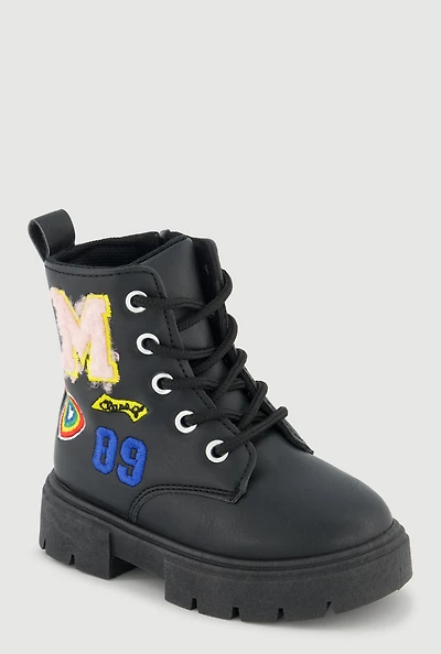 Womens Toddler Girls Chenille M Patch Graphic Combat Boots, Blue,