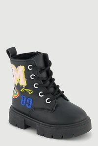 Womens Toddler Girls Chenille M Patch Graphic Combat Boots, Blue,