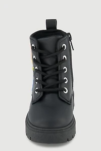 Womens Toddler Girls Chenille M Patch Graphic Combat Boots, Blue, Size 8