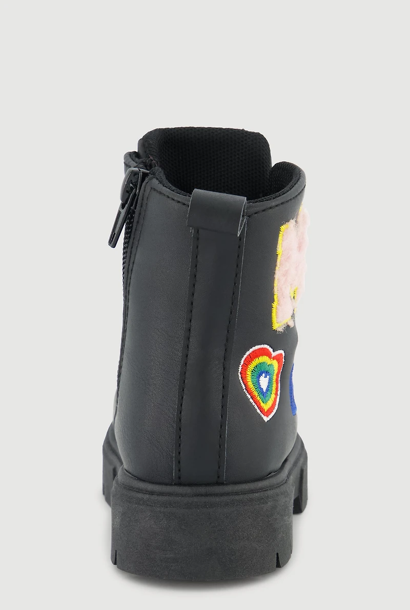Womens Toddler Girls Chenille M Patch Graphic Combat Boots, Blue,