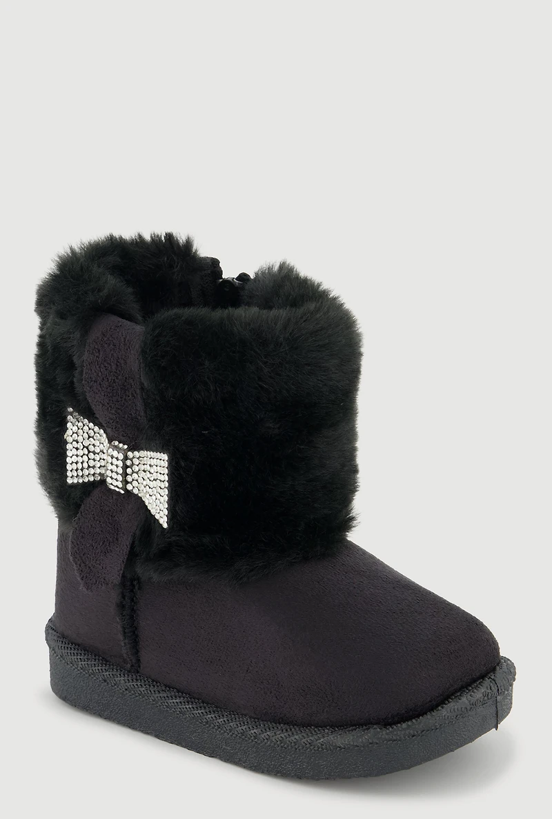Womens Toddler Girls Rhinestone Detail Faux Fur Cuff Suede Boots, Black,
