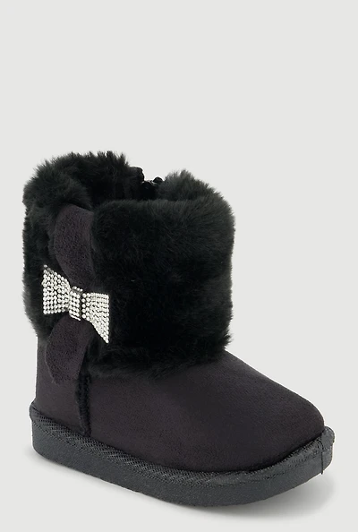 Womens Toddler Girls Rhinestone Detail Faux Fur Cuff Suede Boots, Black,