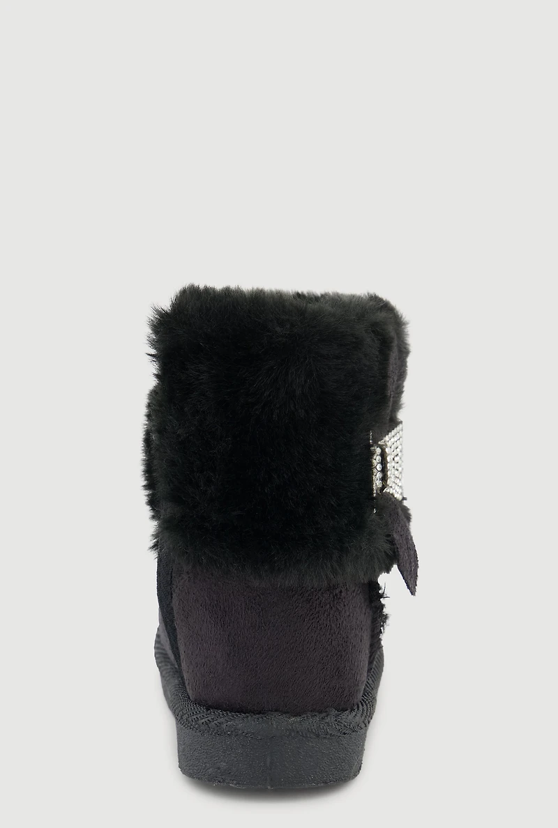 Womens Toddler Girls Rhinestone Detail Faux Fur Cuff Suede Boots, Black,
