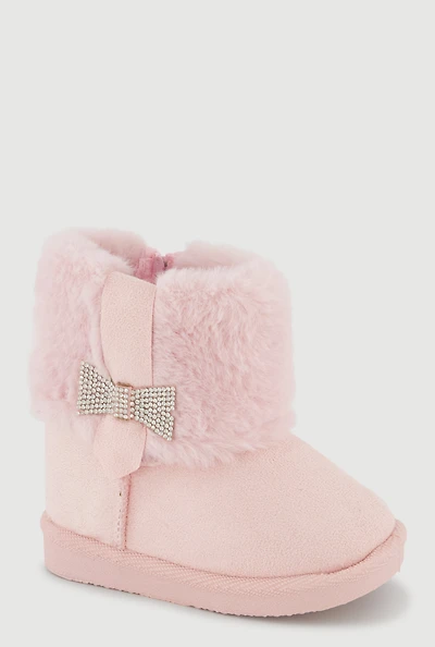 Womens Toddler Girls Rhinestone Detail Faux Fur Cuff Faux Suede Boots, Pink, Size 6