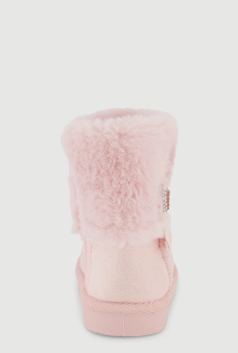 Womens Toddler Girls Rhinestone Detail Faux Fur Cuff Suede Boots, Pink,