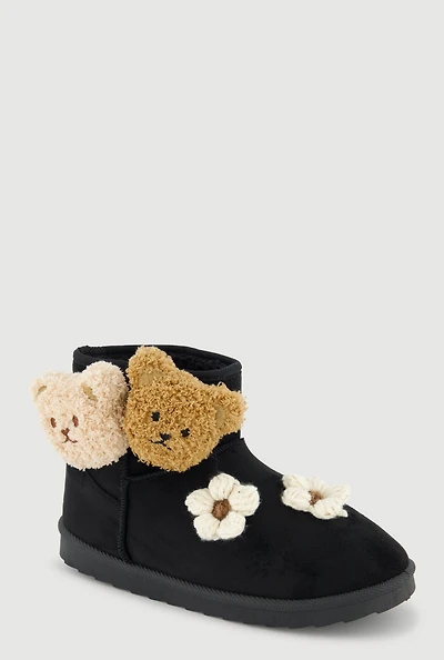 Womens Girls Teddy Bear Detail Crochet Flower Booties, Black, Size 4