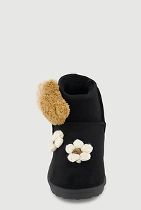 Womens Girls Teddy Bear Detail Crochet Flower Booties, Black, Size 4