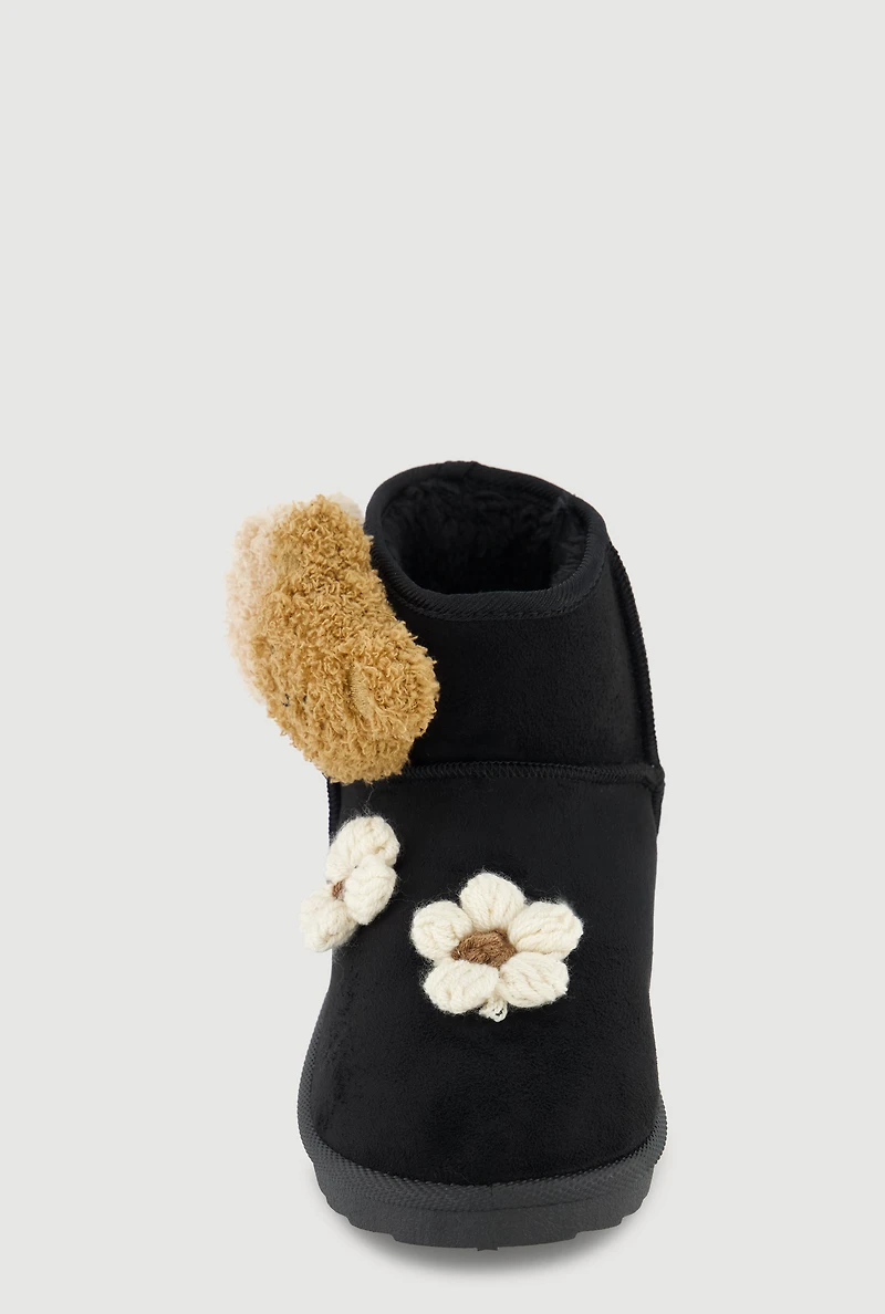 Womens Girls Teddy Bear Detail Crochet Flower Booties, Black,