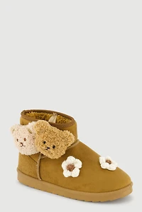 Womens Girls Teddy Bear Detail Crochet Flower Booties, Brown,