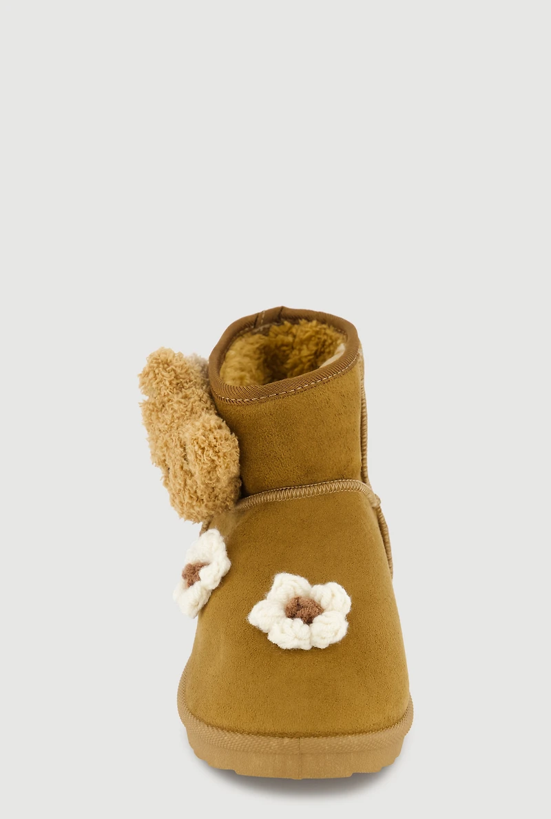 Womens Girls Teddy Bear Detail Crochet Flower Booties, Brown,